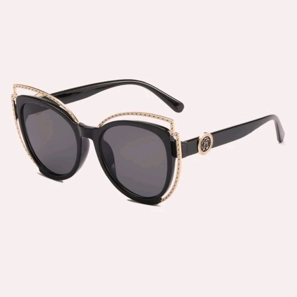 Women's gold & black Cat eye cut out frame dark lenses oversized sunglasses
